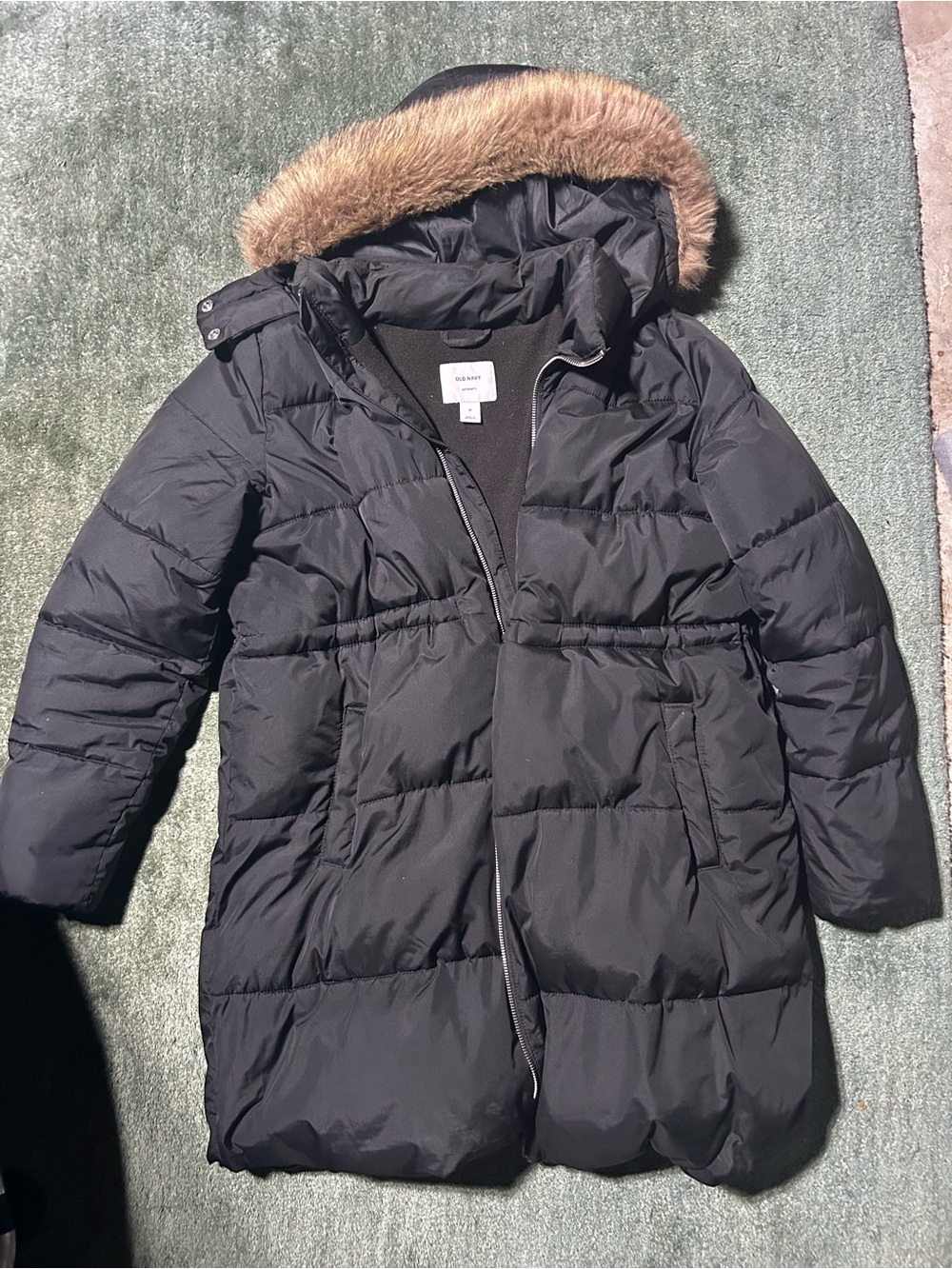 Old Navy Maternity Black Puffer Coat with Faux Fur Trim Hood